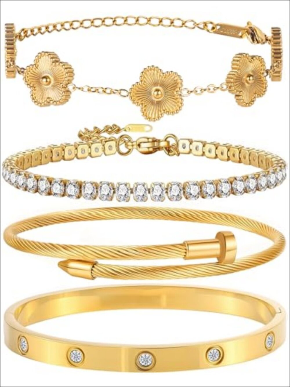 18K Gold Plated Bangle Bracelet Set Stackable Floral Adjustable Tennis Bracelet